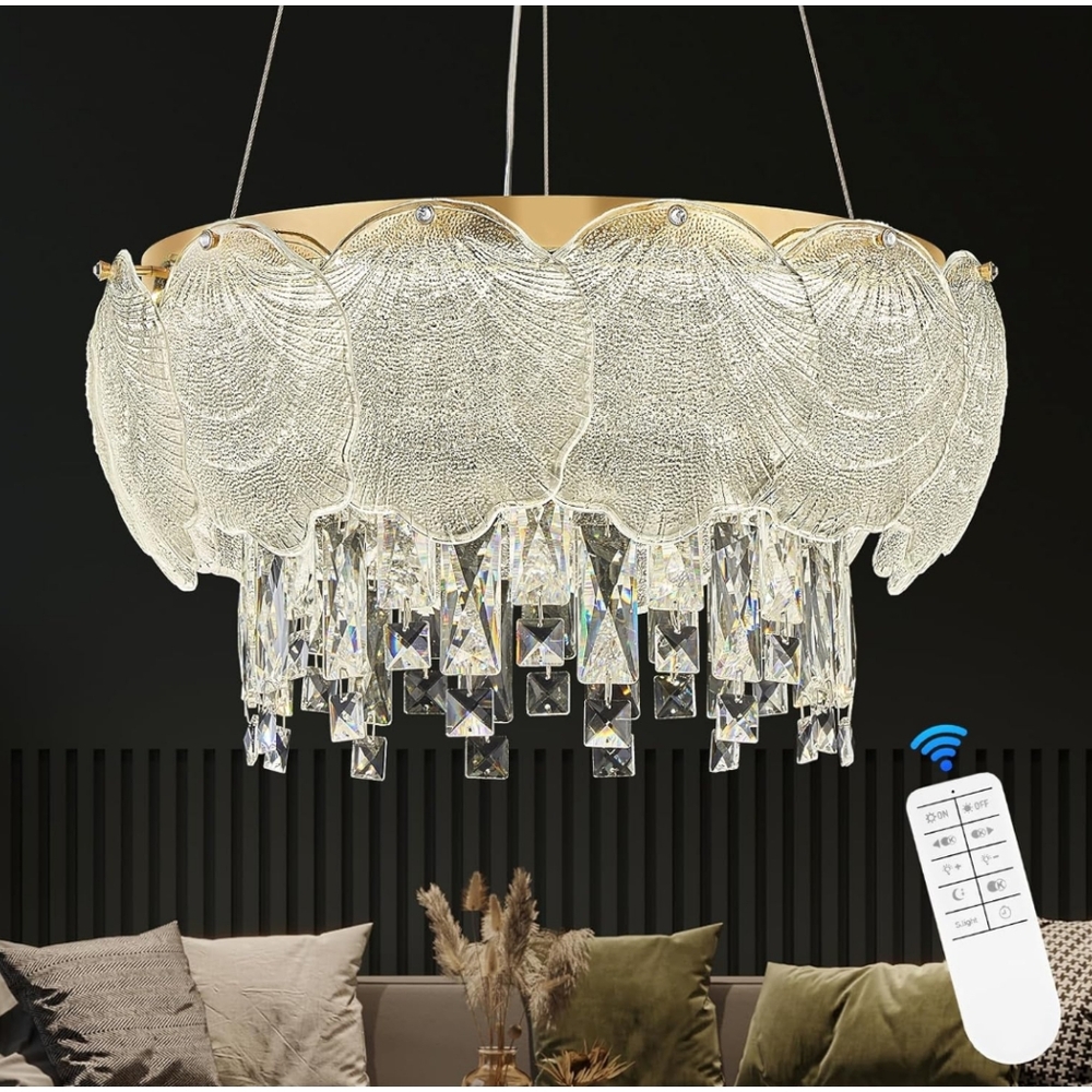 Caraluxe NWT 18" LED Crystal Chandelier with Remote Glass Crystal Gold Metal